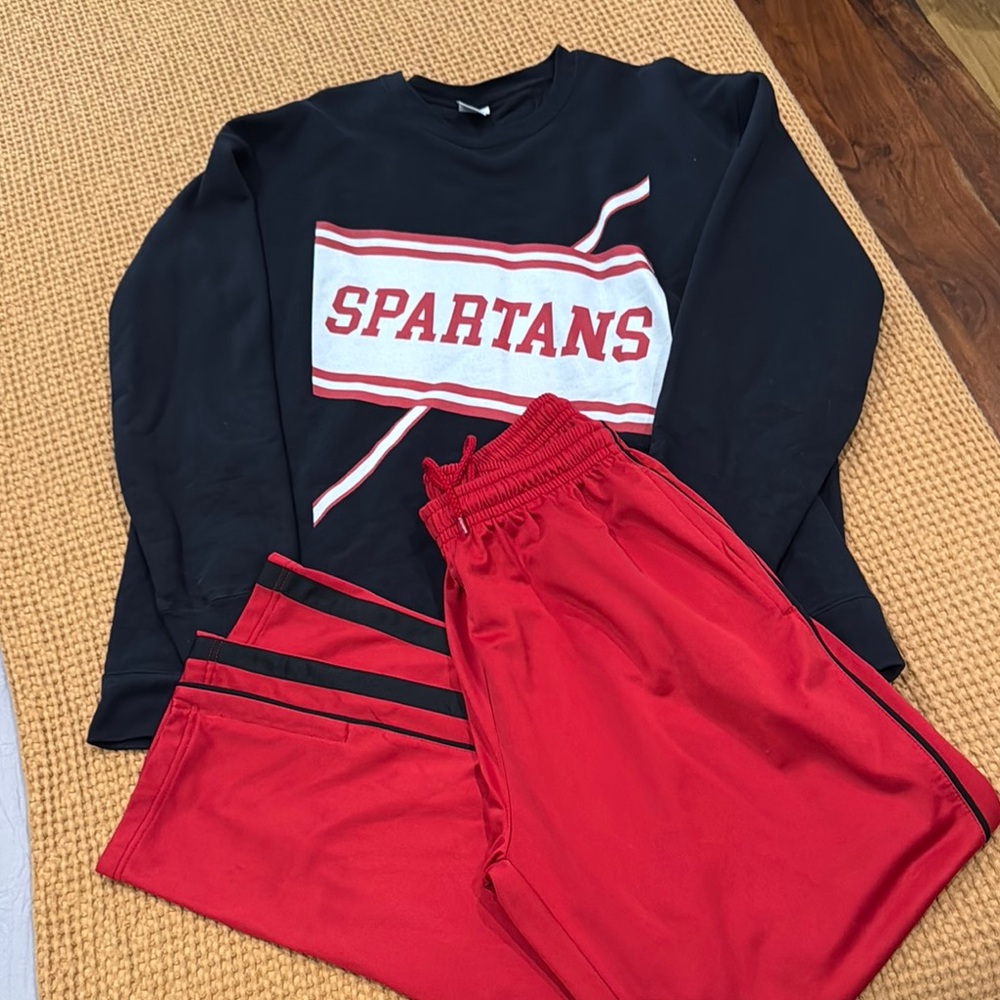 Black Spartans Sweatshirt and Red Pants Set.  SNL Men’s Cheerleader Costume